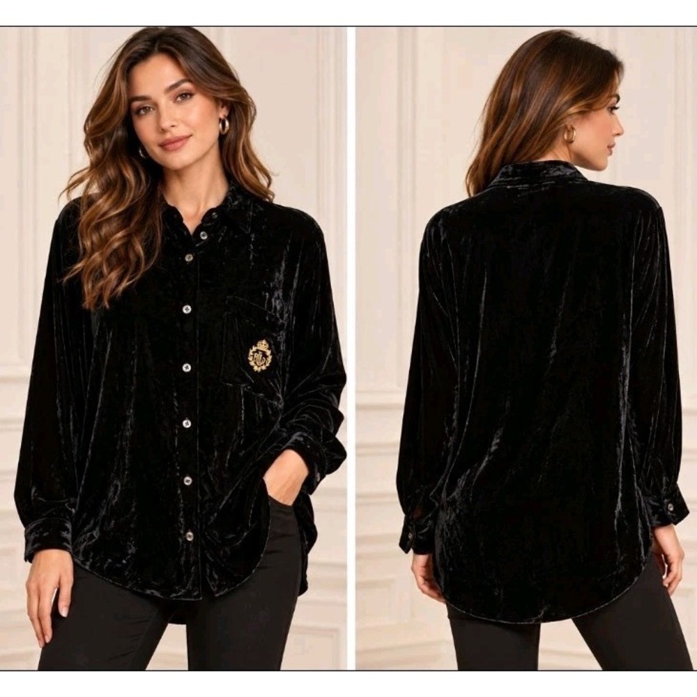 LAUREN RALPH LAUREN Black Velvet Silk Blend Blouse Monogram Crest Pocket Size M